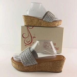 Jessica Cline Debut silver cork wedge heel slides